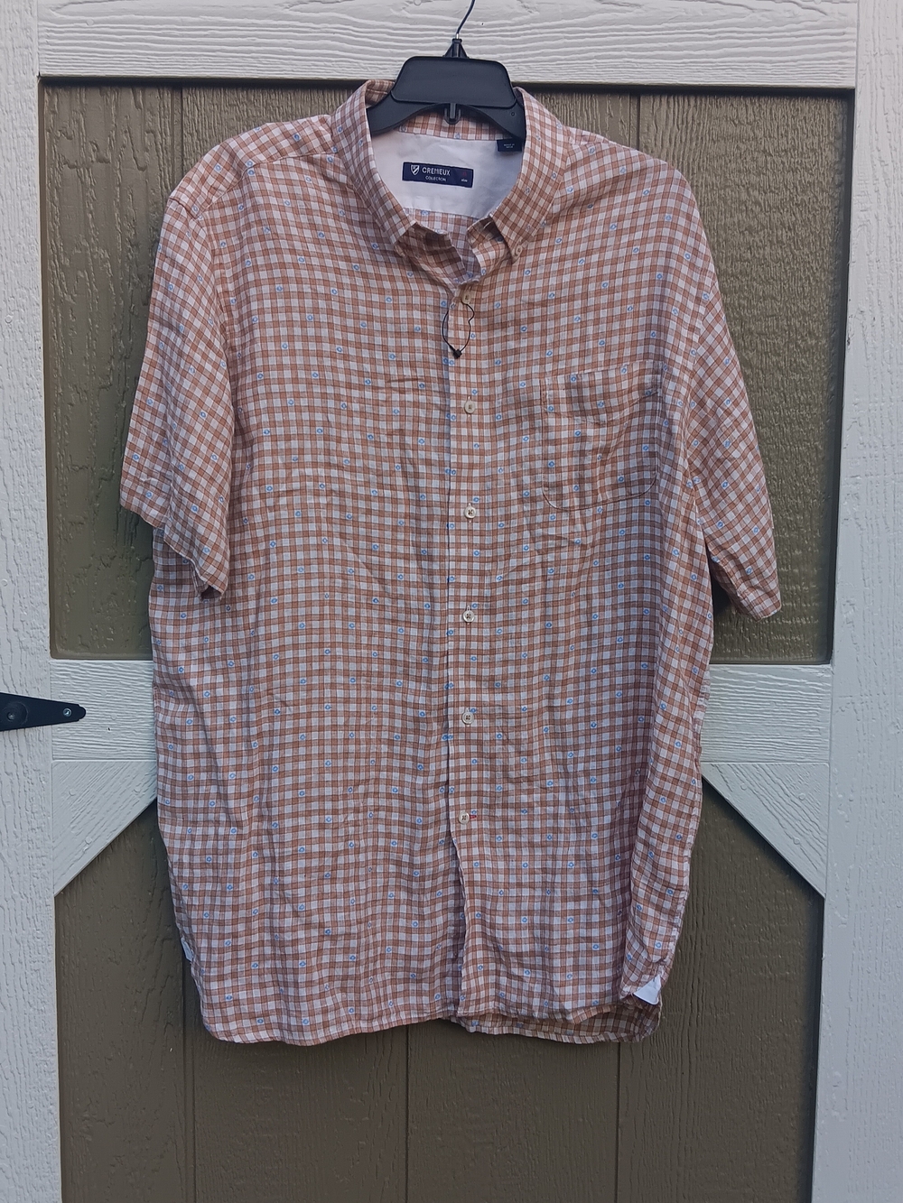 CREMIEUX Collection Tan & Off-White Linen Short-Sleeve Button-Down Shirt Size XL